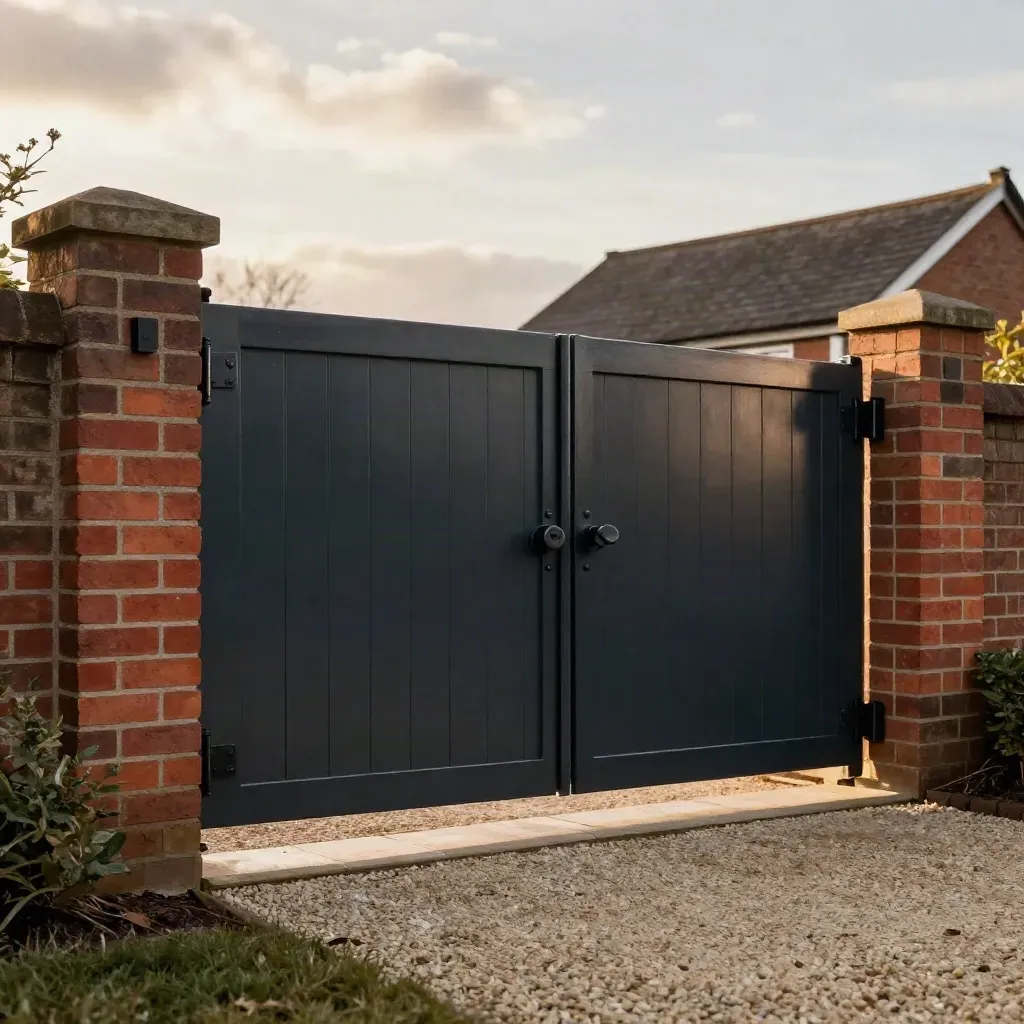 Driveway swing gates closing between brick piers after rain, with wet gravel and house depth.