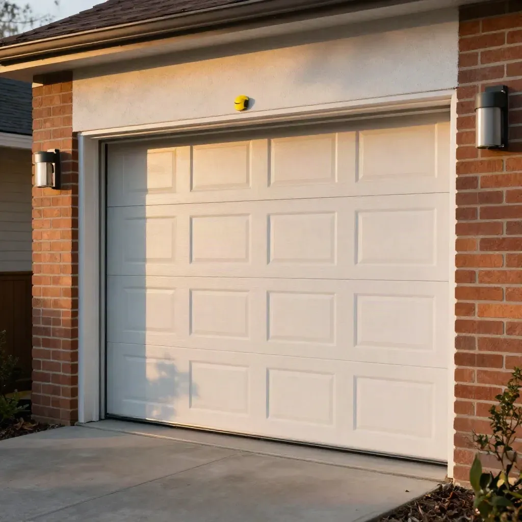 Fresh insulated garage door fitted neatly on a rental frontage, warm late-day light and tidy trims.