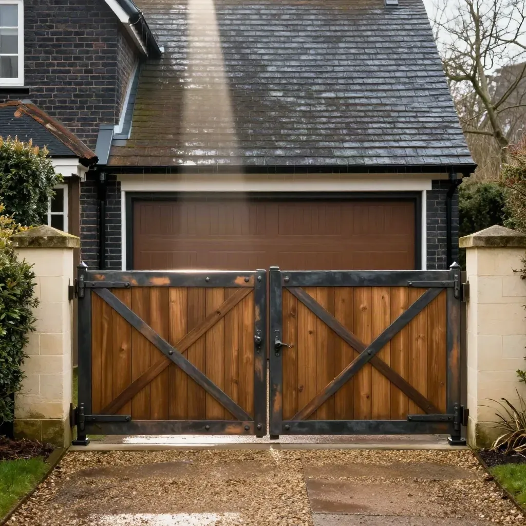 Two serviced driveway gates and a garage door on a Surrey country property after final testing.