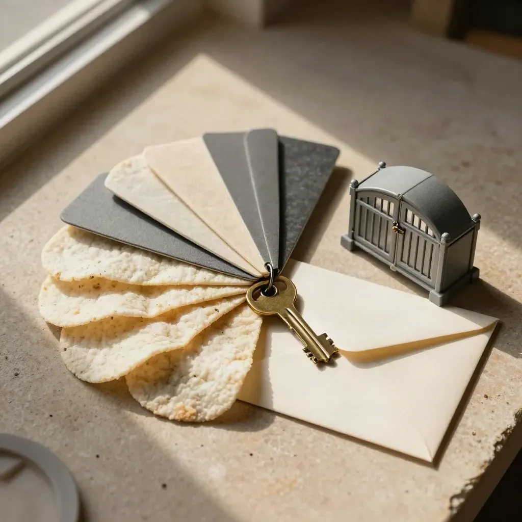 Powder-coat chips, key, envelope and gate model on warm stone in soft daylight.