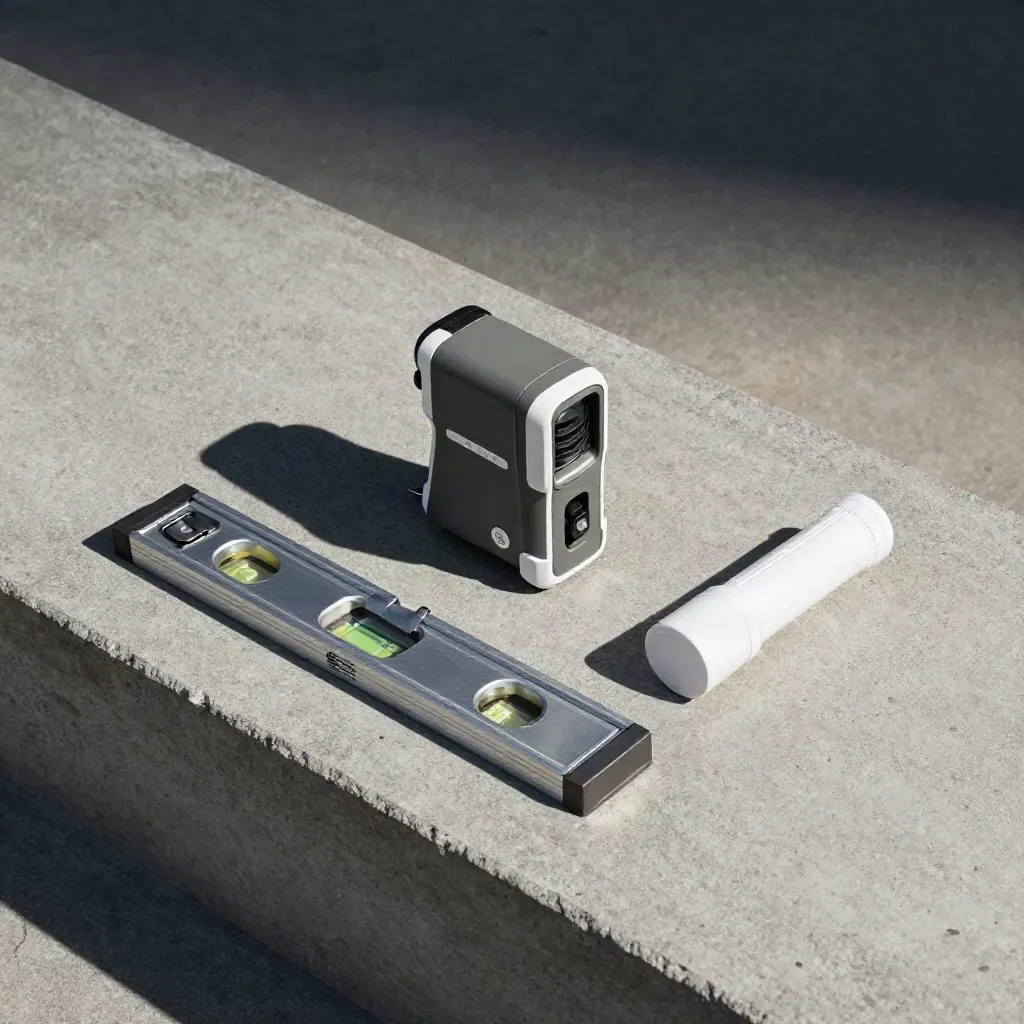 Overhead survey tools on a concrete step: laser meter, level, hinge sample and torch.