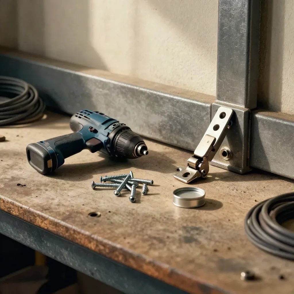 Impact driver, hinge set, screws and lubricant tin beside a seated latch plate on a worn workbench.