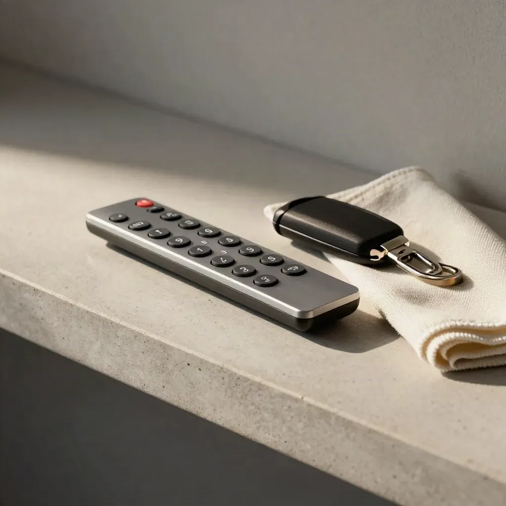 Gate remote, key fob, microfiber cloth and latch face on stone shelf, side-lit still life.