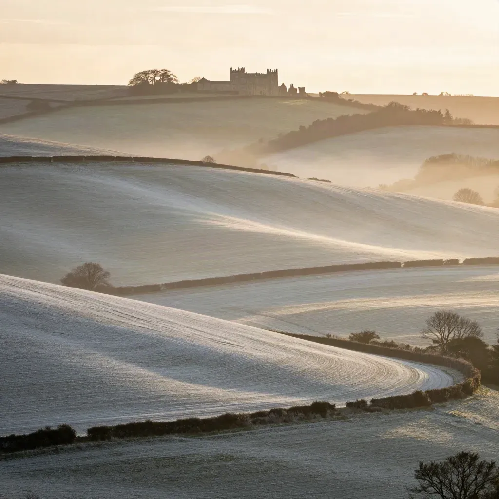 Misty Surrey chalk downs with hedgerows and a manor roofline above pale fields