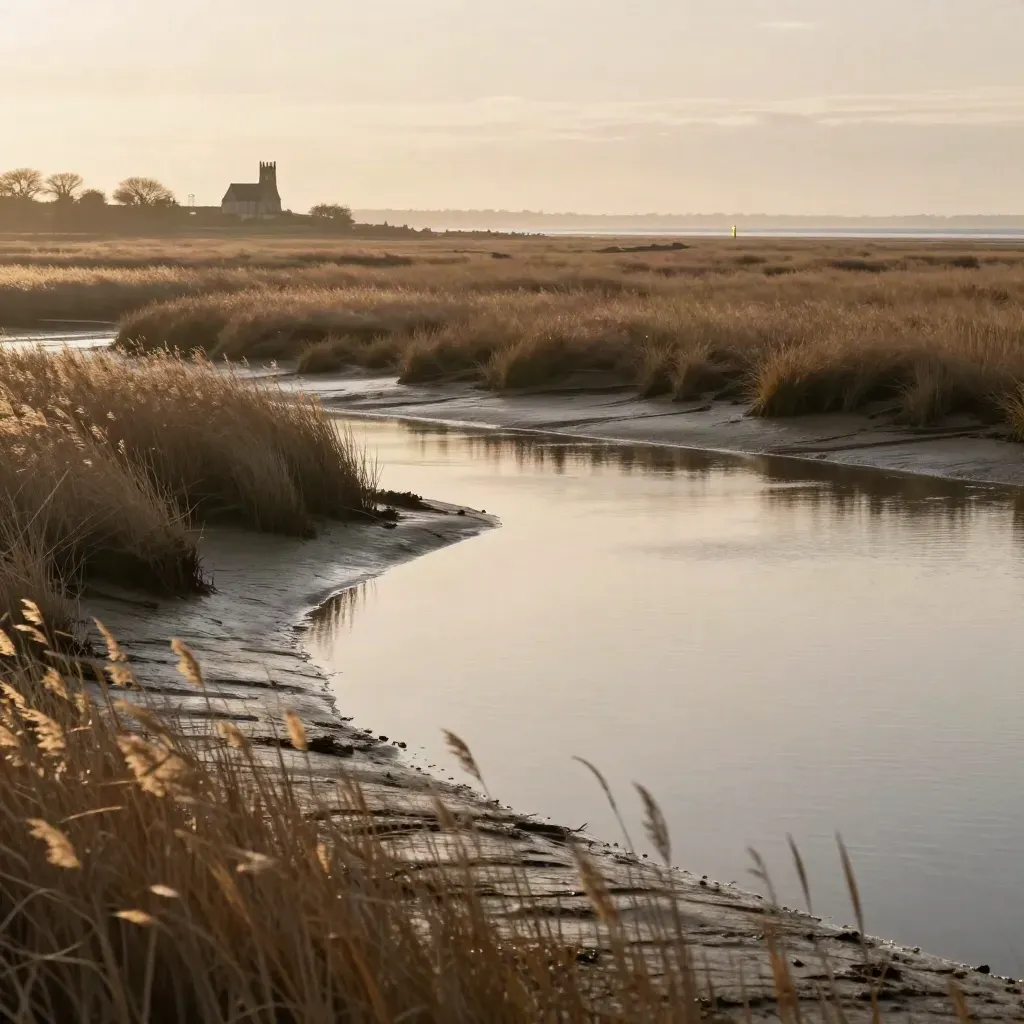 Essex salt marsh at dusk with reeds, tidal plain, church tower silhouette, and hazy warm light.