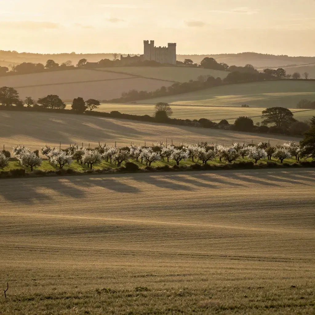 Kent fields at golden hour with orchards, hop fields, and a distant castle silhouette